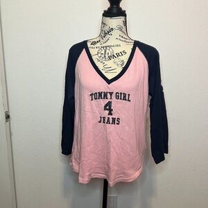 Tommy Jeans raglan style blouse, size XL, pink and navy.